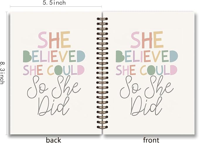 Positive Boho Rainbow Spiral Notebook,She Believed She Could So She Did,Inspirational Gifts for Women Teen Girls,Hardcover College Ruled Spiral Notebook Journal for Work School Student Teacher
