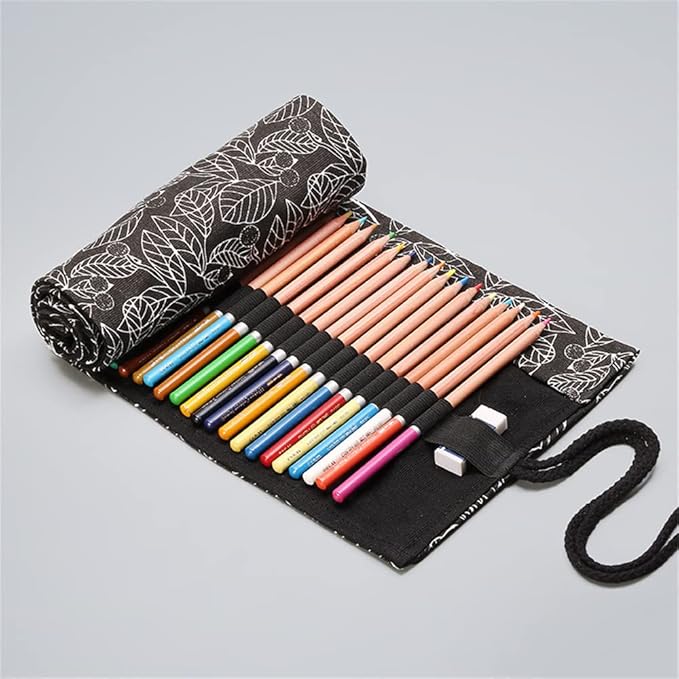 DIYOMR 24/36/72 Slots Pencil Wrap Pencil Rolls, Artist Colored Pencils Roll Up Bag Short Brushes Pouch Case Pencils Organizer for Drawing Coloring and Sketching (Black Leaves, 72slots)
