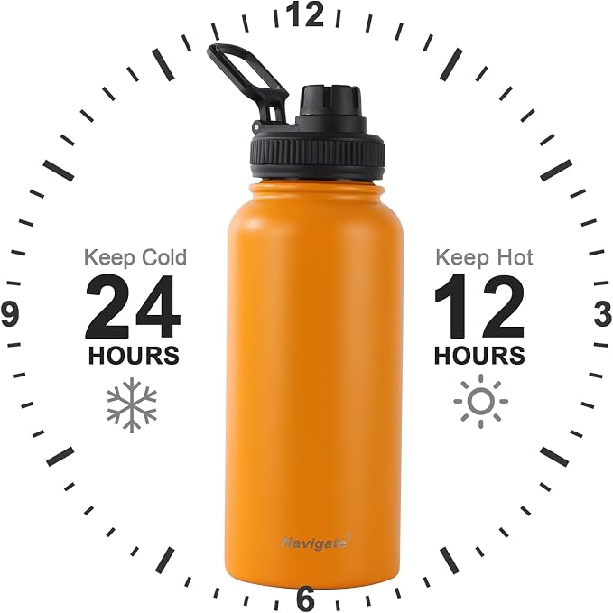 Navigate 32oz Insulated Water Bottle for Sports, Keep Cold 24H | 2-in-1 Spout and Handle Lids, Double Leak-Proof, 18/8 Stainless Steel, BPA-Free, Wide Mouth for Gym and Hiking,Orange
