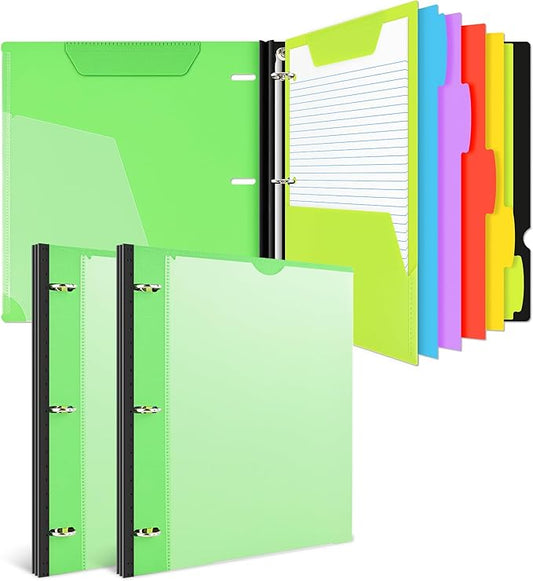 INFUN All-in-one Telescoping Binder Notebook - 2PCS，Refillable 3 Ring Notebook Binder with 1 Plastic Movable Pocket Folder,5 Plastic Subject dividers and Graph Paper and College Ruled Paper - Green