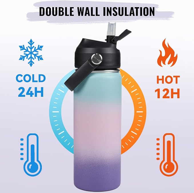 Fijinhom 18oz Insulated Stainless Steel Water Bottle, Wide Mouth Double Wall Vacuum, Silicone Straw, Sweat & Leak Proof, BPA Free Insulated Water Flask for Travel, Keep Cold 24h Hot 12h, Pink