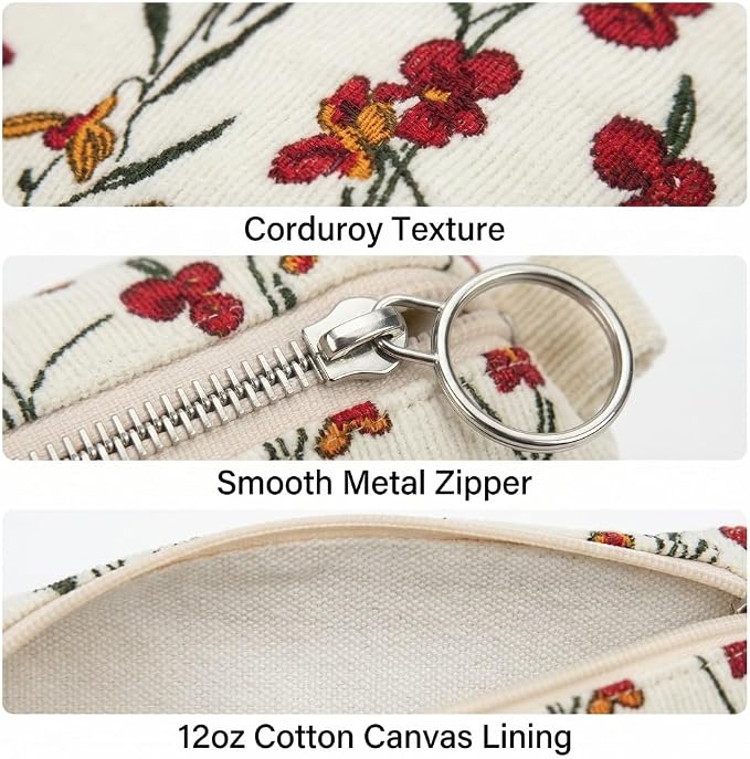 Soft Corduroy Pencil Case Pen Pouch Organizer, Small Stationery Bag | Cute begie wind flower pencil pouch, smooth zipper, daily cosmetics holder, compact organizer for school teen girls, women
