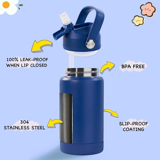 Kerilyn 12oz Kids Water Bottle 2 Pack, Stainless Steel Insulated Water Bottle Bulk, Toddler Cups with Straws Leak-Proof, Kids Water Bottles for School Boys Girls, BPA Free, Blue+Green 2 Piece Set
