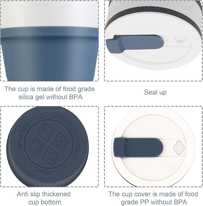 silicone collapsible coffee cup, travel camping cup, cup cover sealed, 18 oz, folded only 2 in (black)