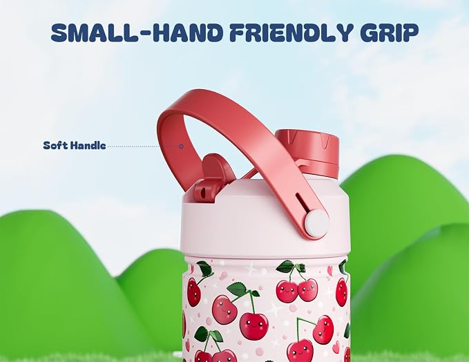 12 oz Kids Water Bottle for Girls: Leakproof, Durable Straw Spout Lid, 24H Cold, with Leather Sleeve, Easy Carry, Insulated Stainless Steel Cup for School, Travel, Camping, Daily (Giggly Cherry)