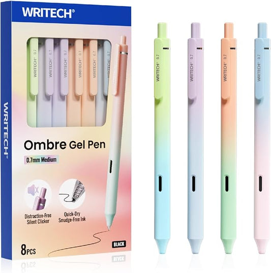 WRITECH Gel Rollerball Pens 0.7mm: Silent Click Smooth Writing Quick Dry Black Ink Gradient Aesthetic Design for Journaling School Office 8 Pack