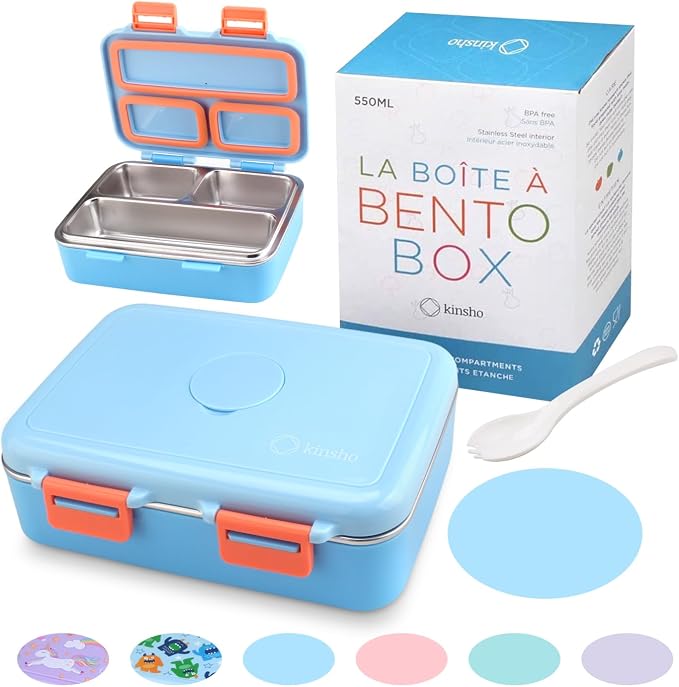 kinsho Small Stainless Steel Bento Box Lunch Container, Baby Toddlers, Blue | Mini Lunchbox, 3 Eco Metal Portion Sections, Leakproof Lid, Spill-Proof, 18 oz/ Boys Kids Snack Container Pre-School Daycare