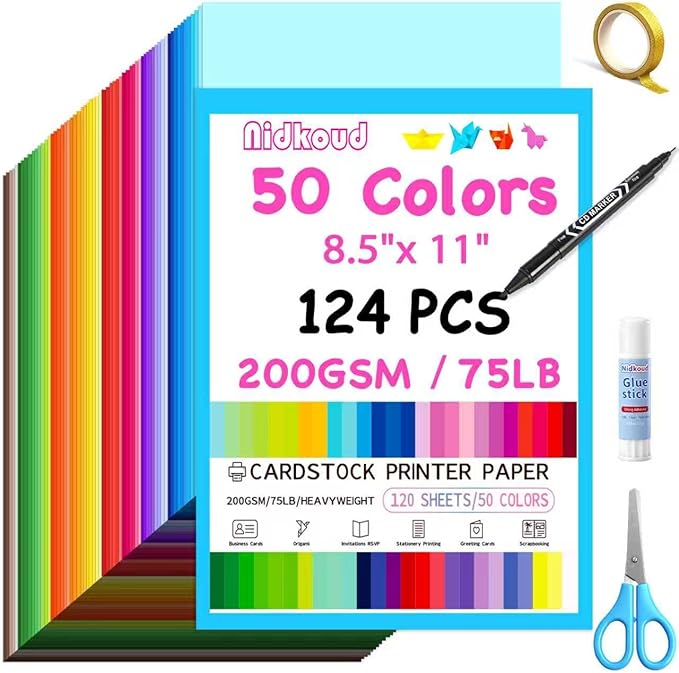 124 PCS Colored Cardstock 8.5" x 11", 50 Assorted Colors Construction Paper Bulk for Crafts, Thick Card Stock Colorful Printer Paper for Scrapbooking, Card Making, Kids School Supplies(200GSM)