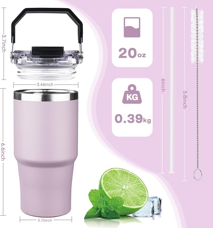 20oz Tumbler with Handle and Flip Straw Lid Double Wall Insulated Travel Coffee Mug Stainless Steel Vacuum Insulated Coffee Tumbler Cup for Hot and Cold Beverages,Leak-proof&BPA-free (20oz,Purple)