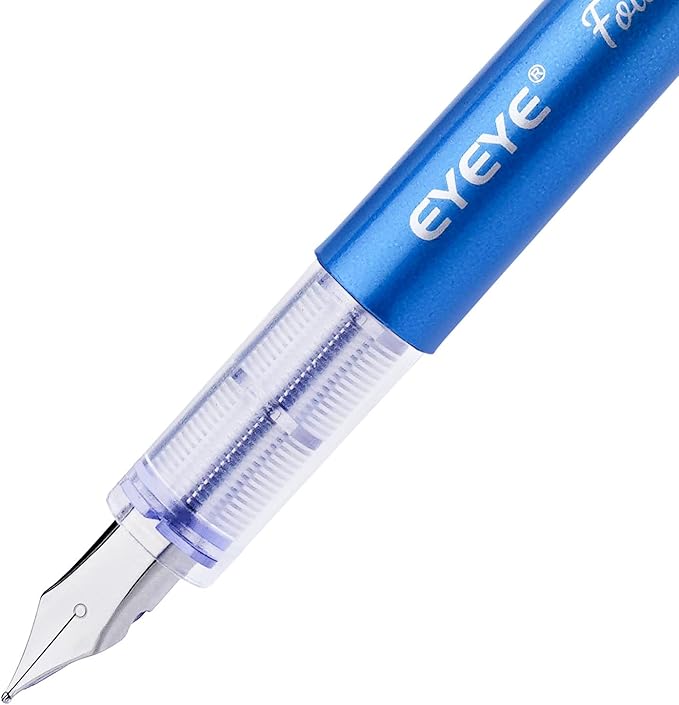EYEYE Disposable Fountain Pens for Writing, Pack of 8 Blue Fountain Pens Medium Point Stainless Steel Nib
