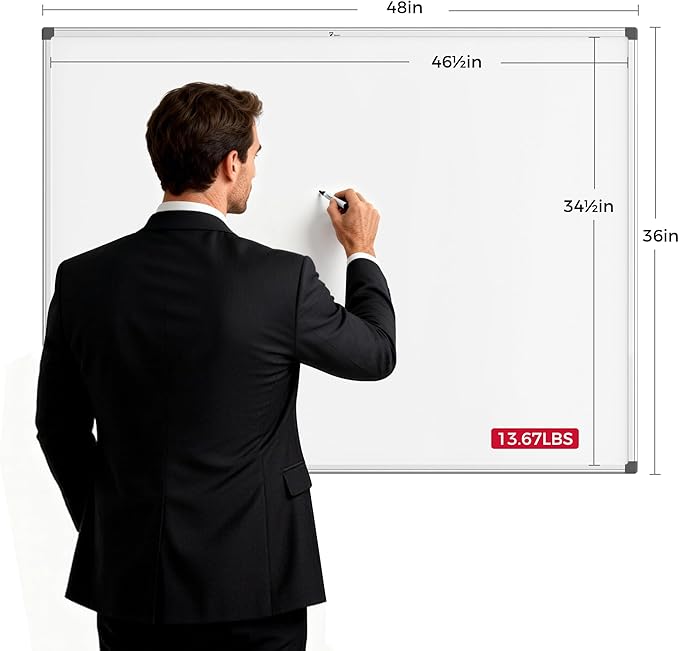 TOWON Magnetic Dry Erase Whiteboard 48 x 36 in, Large White Board for Wall, 4 x 3 Whiteboard with Marker Tray & 2 Magnets, Silver Aluminum Frame for Office, Classroom & Home