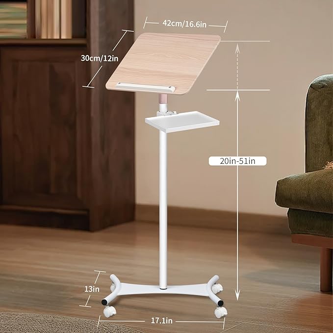 Floor/Desktop Standing Book Stand,Solid Wood, Music Stand for Sheet Music with Tray, 4 Lockable Casters, Reading Stand with Page Clips, Height from 20-51in, for Laptops, Bible/Cookbook