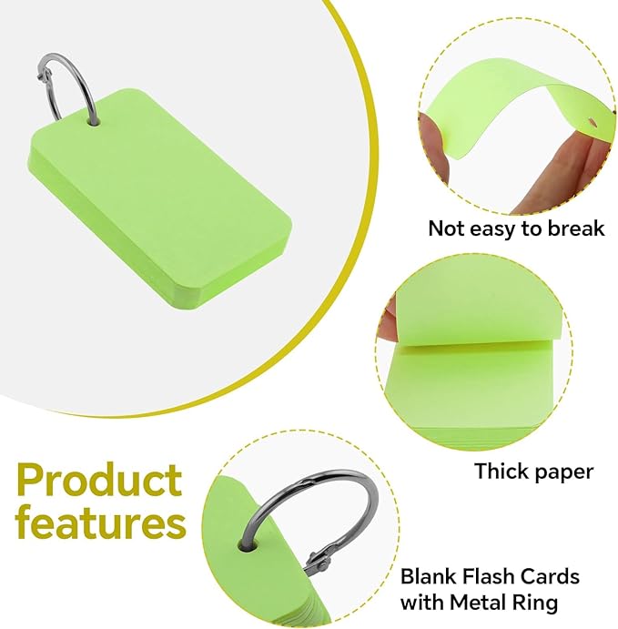 300 Pcs Index Cards with Ring, 2" x 3.5" Green Blank Flashcards for Studying, Vocabulary, Memos, Bookmark,Greetings (Green)