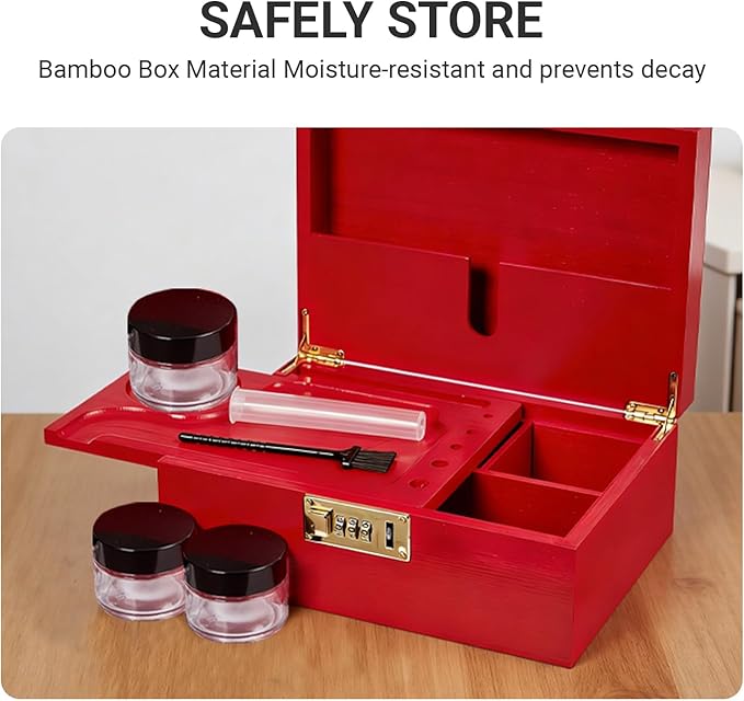 Bamboo Wood Desktop Organizer with 3 Glass Jars and Sliding Tray - Red Multi-Compartment Storage Case for Craft Supplies, Stationery, and Small Accessories (Red)