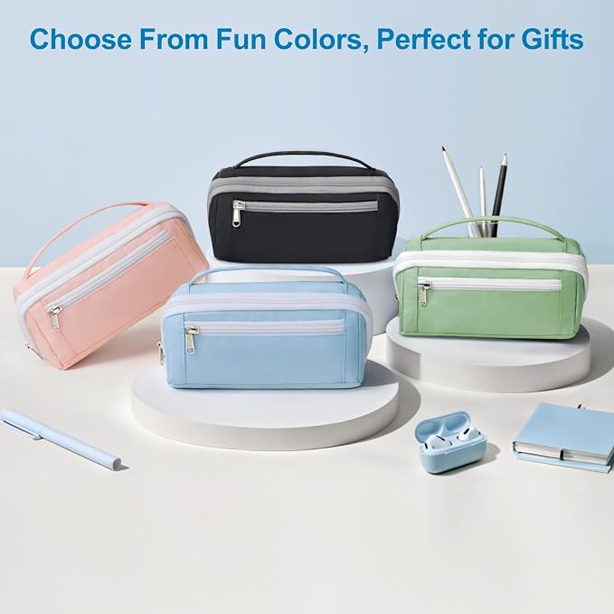 Large Capacity Pencil Case - Pencil Pouch for Teen Girls & Boys, Aesthetic Pouch Organizer with 8 Compartments, Wide Opening Marker Bag for Middle High School College, Fits Calculator, Blue