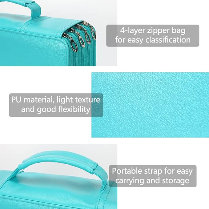 Vomgomfom 300 Slots Marker Bag, 4-Layer Zipper Portable Art Supply Organizer, PU Leather Large Capacity Marker Case Holds 100 Markers or 300 Colored Pencils with Handle (Green)