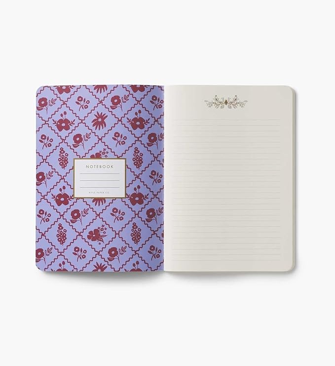 RIFLE PAPER CO. Assorted Set of 3 Jane Austen Notebooks, 8.5" L x 6" W, Set Of 3, 64 Ruled Pages With Gold Ink, Full-Color Die-Cut Canvas Cover With White Text Paper Interior