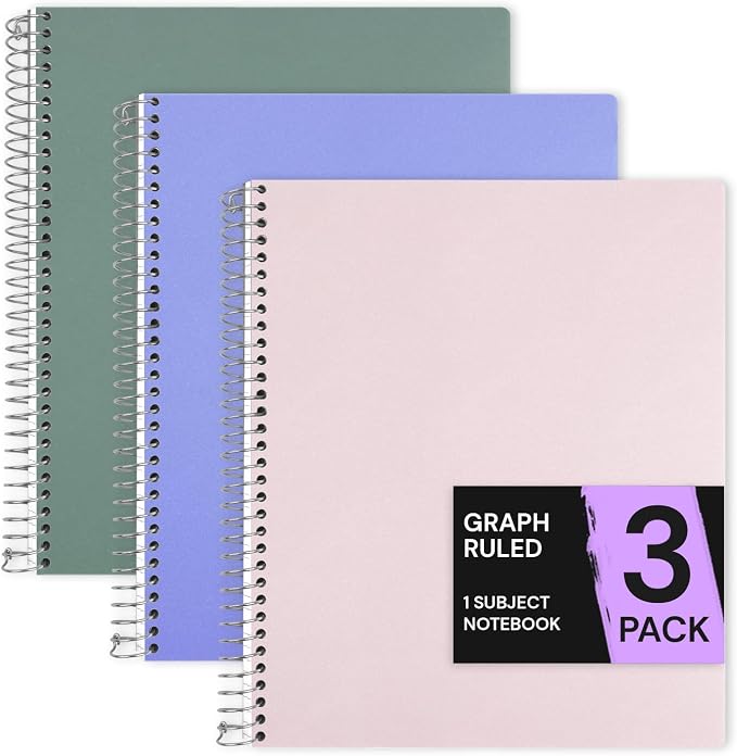 ONAVIA 1 Subject Graph Paper Spiral Notebook 3 Pack, 200 Pages
