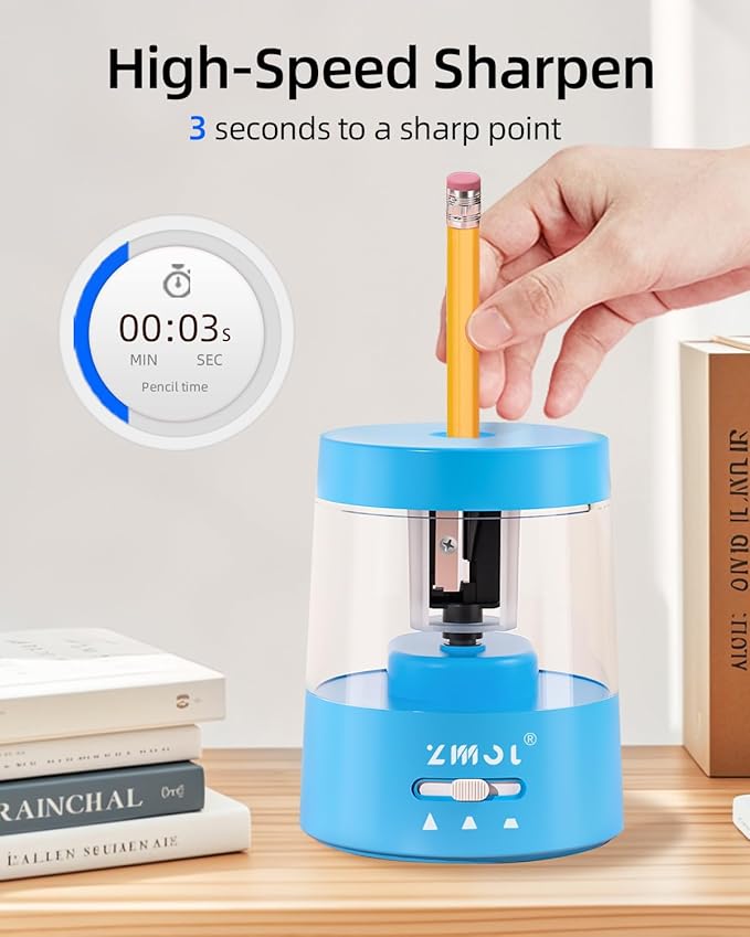 ZMOL Colored Pencil Electric Sharpener, Auto Stop, Plug-in Small Electric Sharpener Battery Powered for 6-8mm No. 2 Pencils Blue