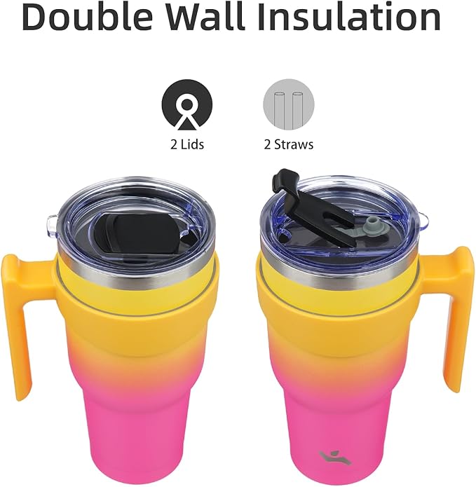 Konokyo 30 oz Tumbler with Handle and 2 Straw 2 Lid, Insulated Water Bottle Stainless Steel Vacuum Cup Reusable Travel Mug,Rainbow