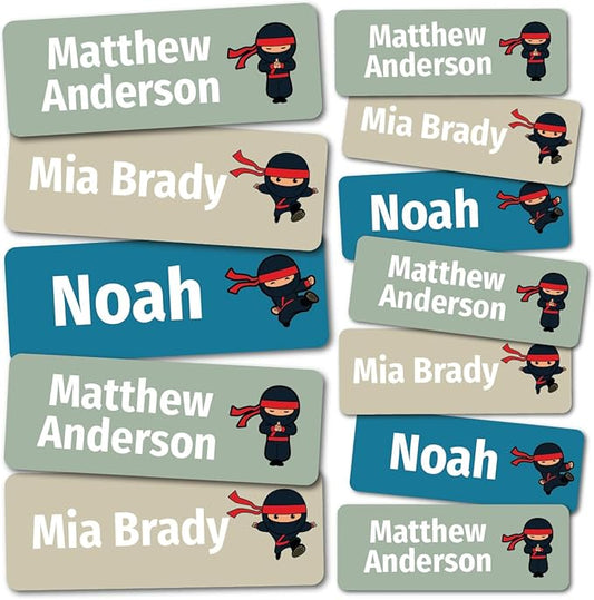 Kids Personalized Name Labels for School, Camp, Daycare (128 Labels) Custom Peel and Stick Waterproof Name Tags Stickers for Water Bottles, Lunch Boxes, Clothing, School Supplies (Ninja)