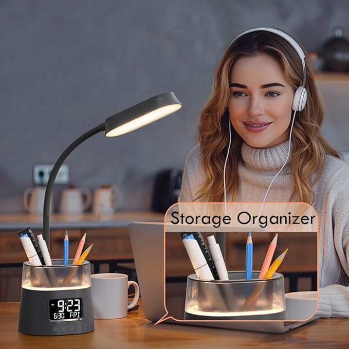 Led Desk Lamp with Pen Holder, Touch Lamps for Nightstand Eye-Caring Bedside Reading Light with Clock, Office Lamps Stepless Dimming, Lamp for Dorm Room, Suitable for Kid/Girl/Boy (Gray)