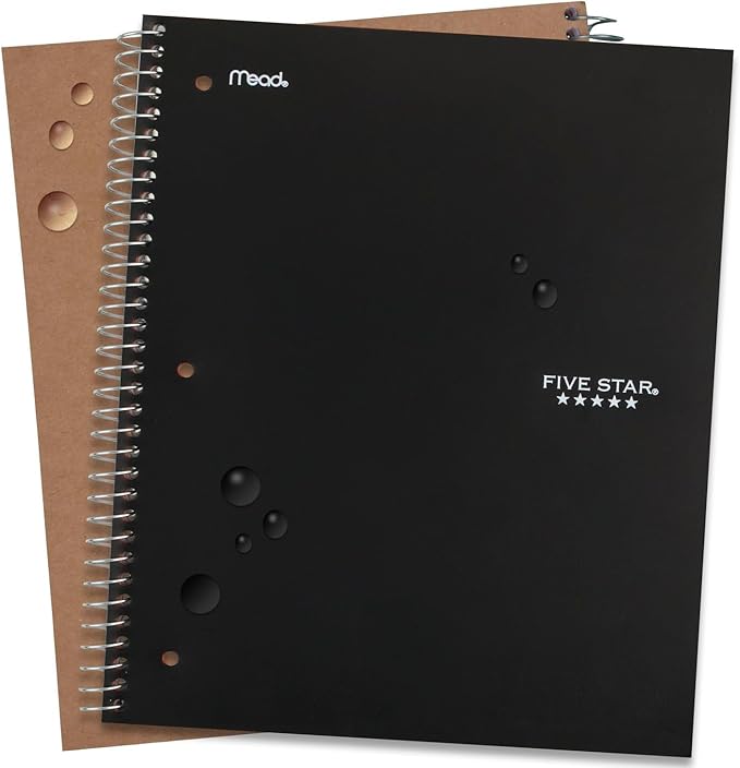 Five Star Spiral Notebook + Study App, 5 Subject, Wide Ruled Paper, 8" x 10-1/2", 200 Sheets, Fights Ink Bleed, Water Resistant Cover, Black (72045) (Pack of 2)