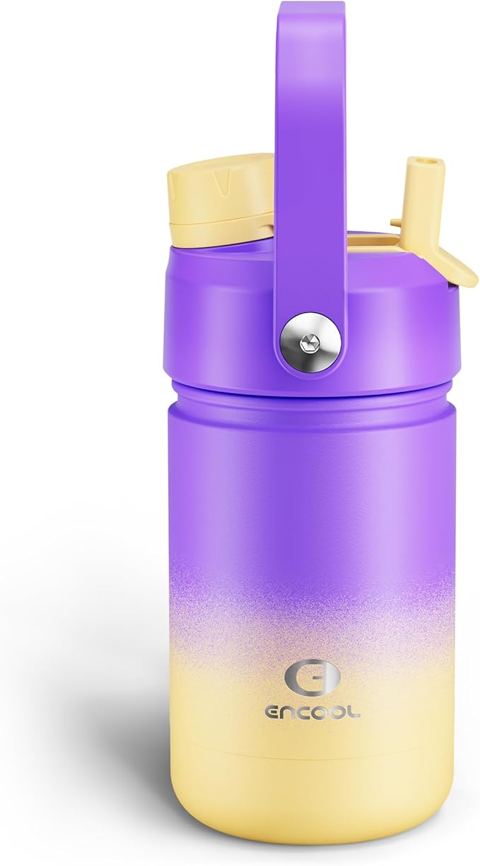 Kids Insulated Water Bottle with Straw - 12oz Stainless Steel Water Bottle with Dual Spouts, Leak-Proof, BPA-Free, Double Wall Vacuum Keeps Cold for 24 Hours for Sports, Travel, School (Peach Dream)