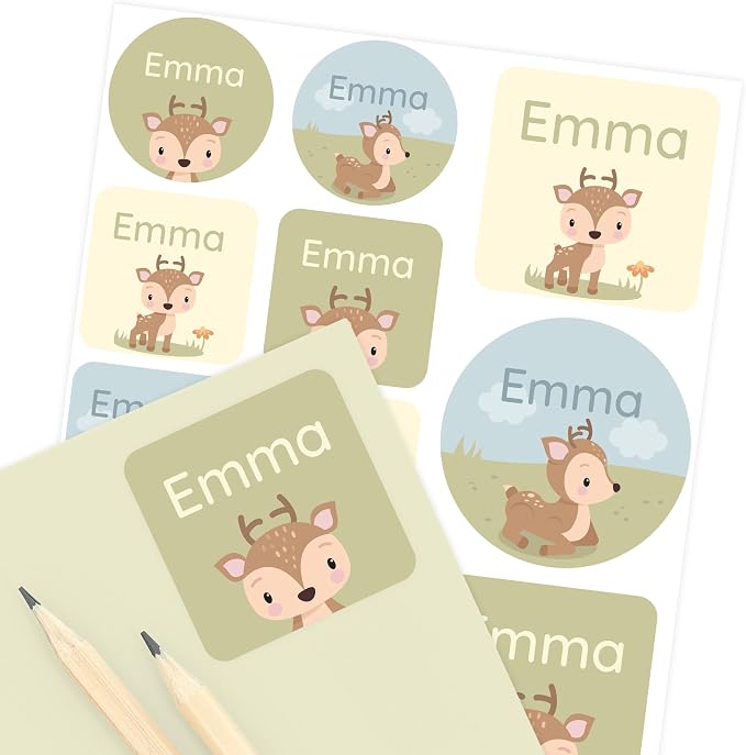 Camp Name Labels for Kids (33) – Custom Waterproof Stickers for Water Bottles, Lunch Boxes, Daycare & School with Unique Designs - Deer