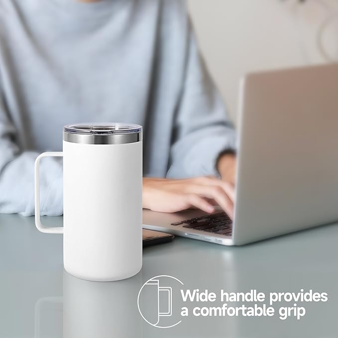 Volhoply 22oz Insulated Stainless Steel Coffee Mug with Leakproof Lid,Double Wall Vacuum Travel Coffee Cup with Handle,Reusable Metal Tumbler,Camping Mugs Keep Hot&Cold(White,1)