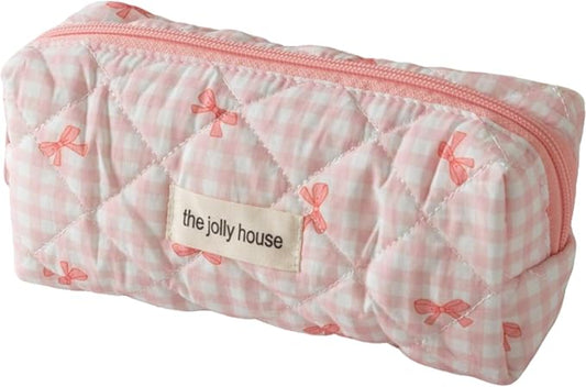 Carry bloom Pencil Pouch Cute Pencil Case for Girls Aesthetic Pencil Bag with Zipper Pen Cases School Supplies Makeup Bag (Checkered bow pink)