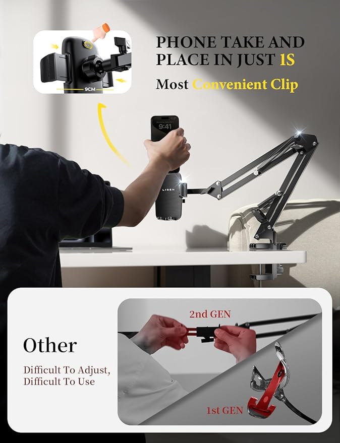LISEN Gooseneck Phone Holder for Bed Desk [3rd Upgrade] Cell Phone Stand for Desk Bed Gaming Accessories,Gifts for Men Mom Senior Tech Mount for Recording Filming Laying Down Flexible Magic Arm Clamp