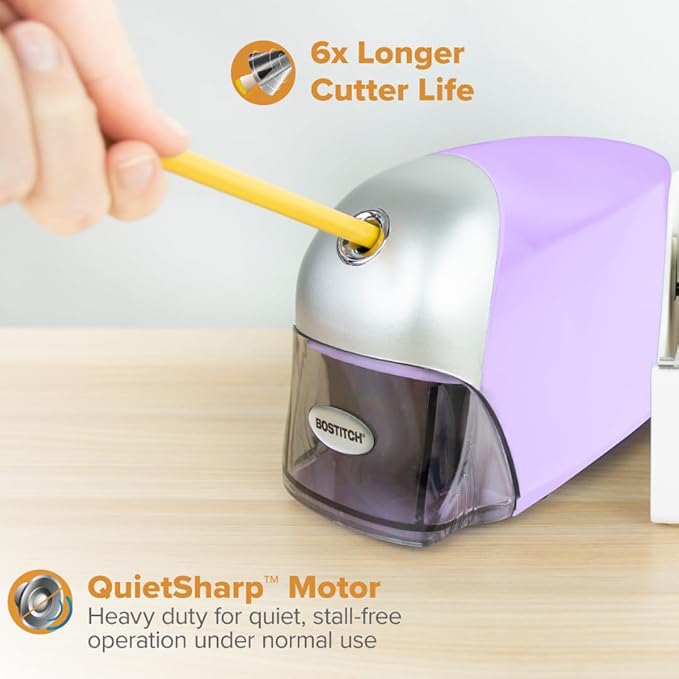 Bostitch Office QuietSharp Executive Heavy Duty Electric Pencil Sharpener for 65% Faster Sharpening and 6X Longer Cutter Life - Colored Pencil Compatible, Purple