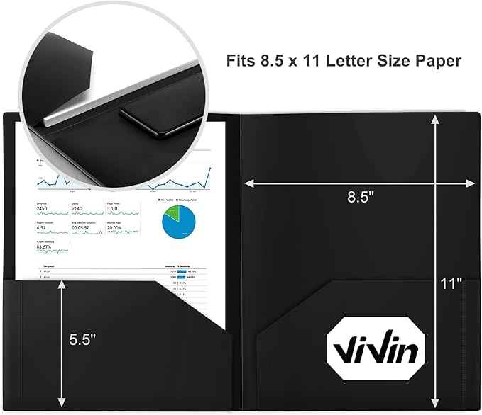 ViVin 12-Pack Black Plastic Folders with Pockets, Fits 8.5 x 11 Inch Letter Size Papers, Sturdy 2 Pocket Folders, Plastic Pocket Folders for Home School and Office