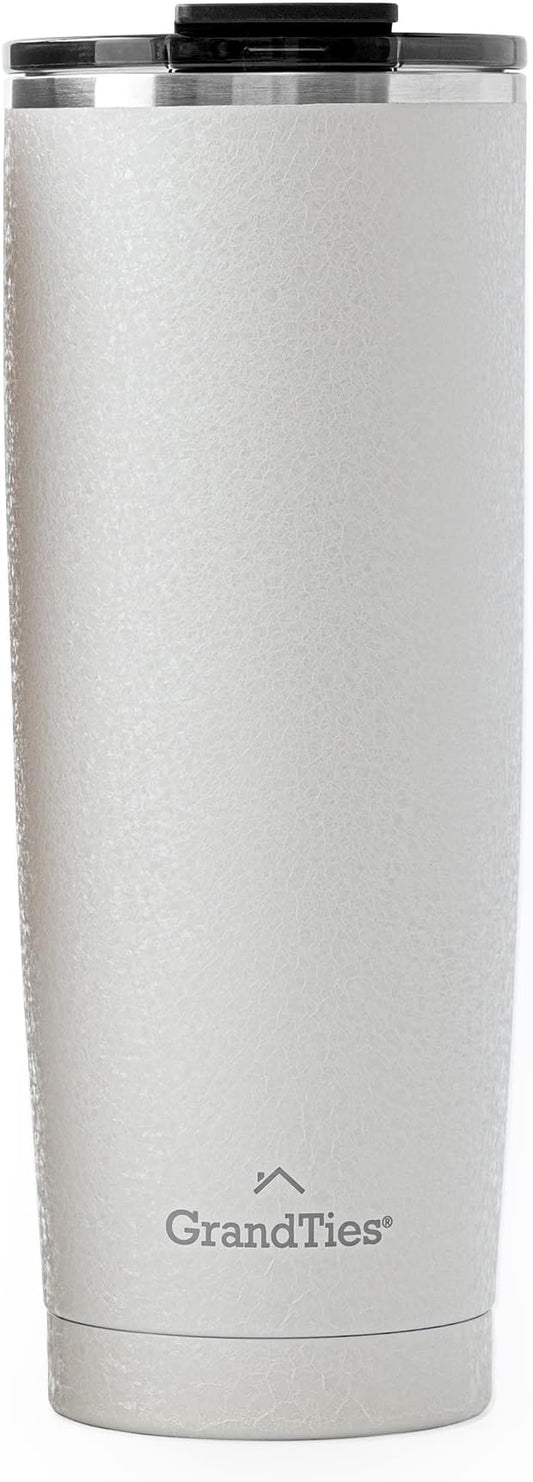 GRANDTIES Insulated Coffee Tumbler Cup w/Tritan Lid | Leak Proof, Reusable, Double Walled Vacuum Stainless Steel Travel Mug | 20oz (Snowy: Pearl)