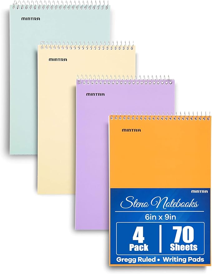 Mintra Office Steno Books Set - Top-Spiral Bound, Gregg Ruled, 70 Green Tint Sheets, Poly Pastel Covered Notebooks for Office, Professional, School & Work, Note-taking, Writing Pads, 6"x9", 4 Pack
