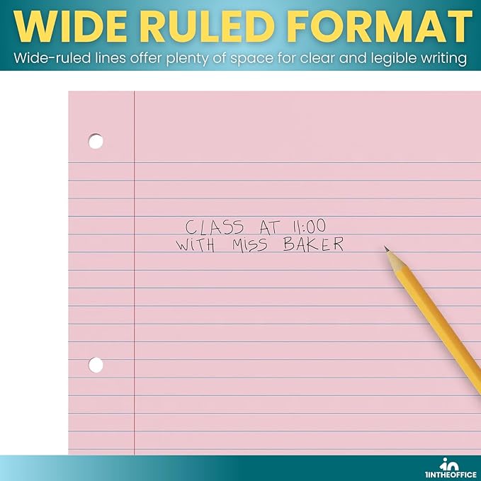 1InTheOffice Loose Leaf Paper Wide Ruled, Pastel Binder Pape, 8" x 10.5", Loose Leaf, 300 Sheets
