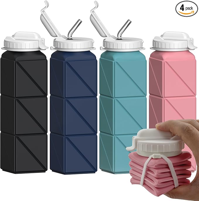 BEAUTAIL Collapsible Water Bottles with Straw 21 oz, Travel Water Bottle | BPA Free, Leakproof & Reusable, Silicone Foldable Water Bottle for Traveling, Hiking, Gym, School, Sports, Outdoor, 4-Pack