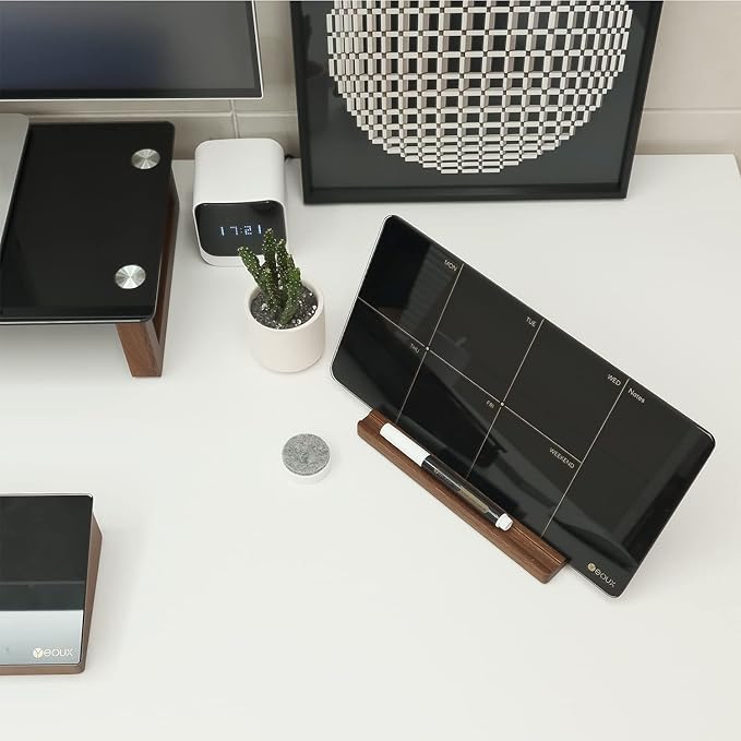 Desktop Black Glass Weekly Planner Dry Erase Whiteboard with Detachable Wood Stand,Small Portable Week Calendar to Do List White Board 12x6 for Office, Home, Schools, Marker&Eraser Included, Yeoux