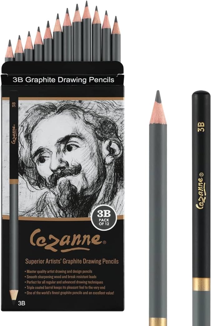 Cezanne Graphite Drawing Pencils Set - 3B, Set of 12 Break-Resistant Graphite Lead, Easy-to-Sharpen Sketch Pencils, Master Artist Quality Graphite Pencils for Technical and Artistic Drawing