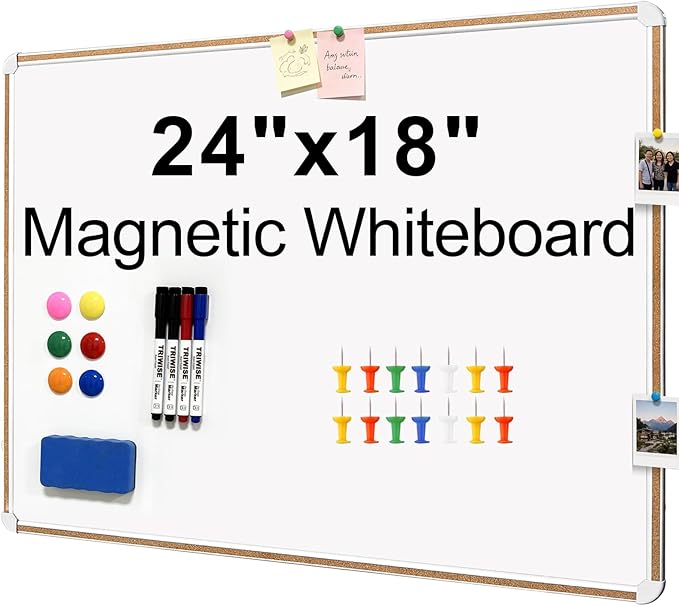 Large Magnetic White Board for Wall,Aluminum & Cork Strip Frame Whiteboard for Office,Presentation Dry Erase Board Wall Mount,Large Whiteboard for School Classroom Huge Whiteboards (24" W x 18" H)