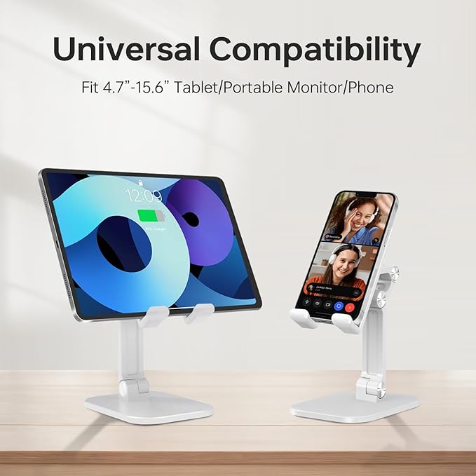 Foldable Phone Stand for Desk - Adjustable Height & Angle Cell Phone Holder, Portable Tablet Stand with Anti-Slip Base for Home, Office, and Travel, Compatible with iPhone & All 4-11" Devices (White)
