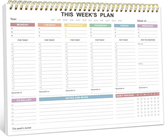Undated Weekly Planner - 8.5" x 11" Undated Daily Productive Weekly To Do List Notepad for Home, Work, School, Projects, 52 Weeks, Clean Colorful Design