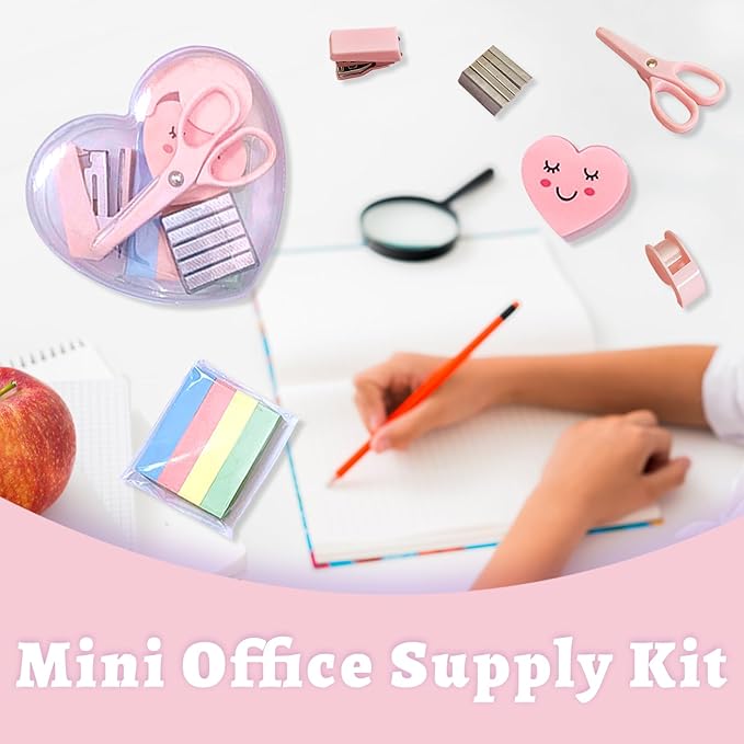 6 Pack Mini Office Supply Kits Mini School Supplies – Includes Mini Stapler,Scissors, Note Paper, Eraser, Tape Dispenser (Heart)