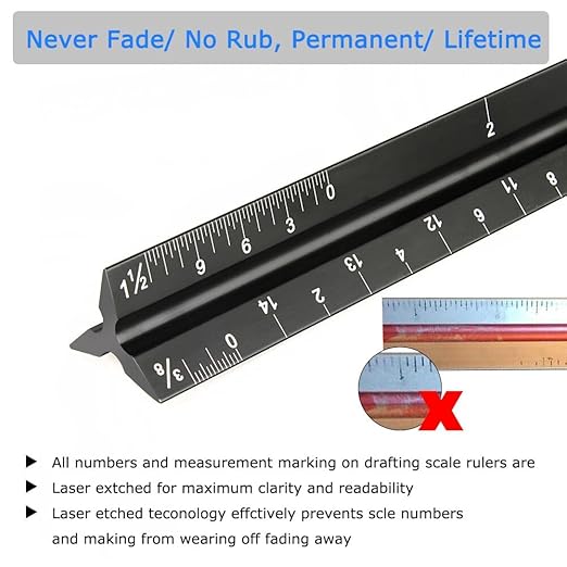 Architectural Scale Ruler, Triangular Architect Ruler 12 Inch Aluminum, Laser Etched Imperial Engineering & Drafting Tool