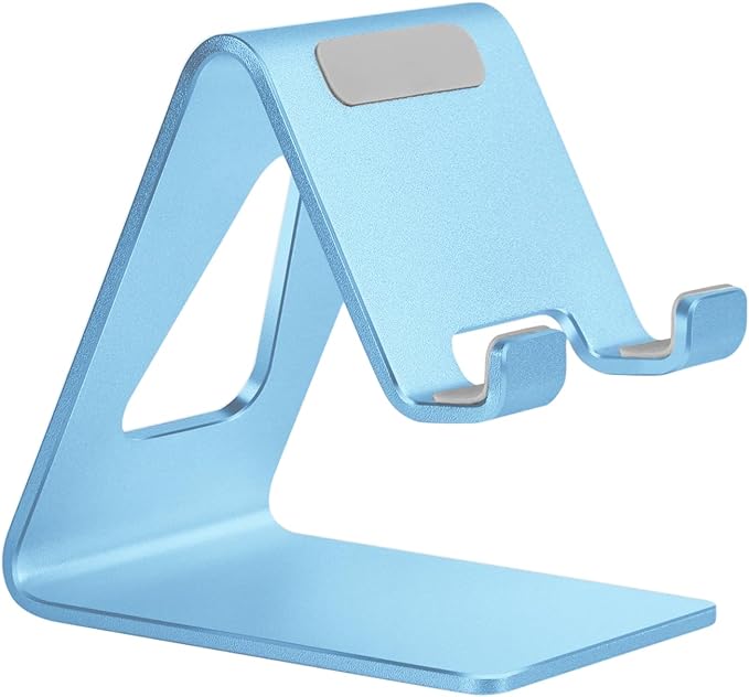 Aoviho Desk Cell Phone Stand - Aluminum Phone Holder Cradle Dock for iPhone 17 16 15 13 12 Pro Max 6s Plus SE 5 5s Samsung Galaxy S10 S9 S8 S7 Note 9 8 and All 4-10 Inch Smartphones - Sky Blue