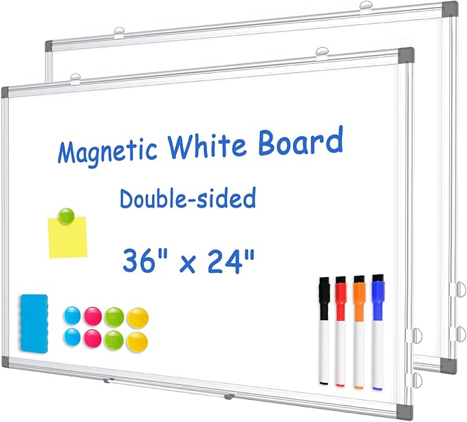 WALGLASS 2 Pack White Board, 36" x 24" Double-Sided Dry Erase White Board for Wall, Hanging Mounted Whiteboard, Horizontal or Vertical Silver Aluminium Frame for Home, School, Office, Kitchen