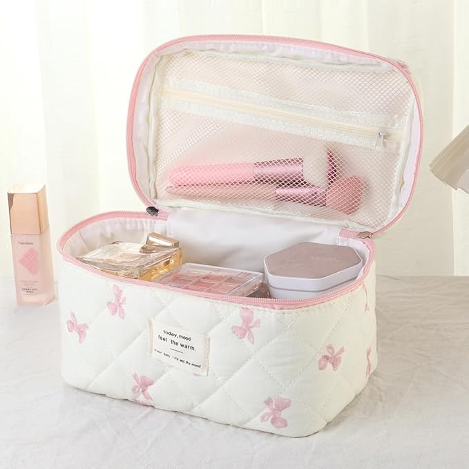 uekeboag Large Travel Quilted Makeup Bag for Women | Soft Floral Cotton Cosmetic Bag, Foldable Coquette Aesthetic Toiletry Organizer