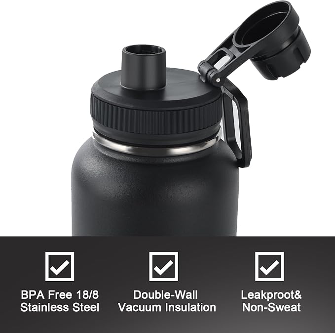 Navigate 32oz Insulated Water Bottle for Sports, Keep Cold 24H | 2-in-1 Spout and Handle Lids, Double Leak-Proof, 18/8 Stainless Steel, BPA-Free, Wide Mouth for Gym and Hiking,Black