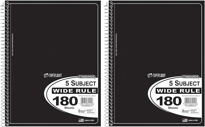 Top Flight Standards 5-Subject Wirebound Notebook, 180 Sheets, 3-Hole Punched, Wide Rule, 10.5 x 8 Inches, 1 Notebook, Color May Vary (31414) (Pack of 2)